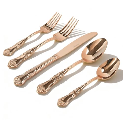 Silverware Set,Stainless Steel Flatware Cutlery Set with Floral Handles,Included Knife Spoon and Fork, Mirror Polished Cutlery Utensil Sets for Home Kitchen Restaurant Wedding, Party - color: Rosegold, size: 20 pieces for 4