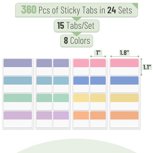 Mr. Pen- Sticky Index Tabs, 360 Pcs, Colorful Sticky Tabs for Notebooks - color: Pastel, size: 1.8" × 1", 1" × 1", 360 pcs