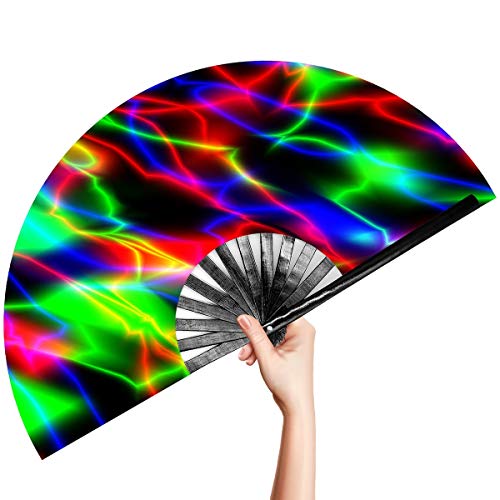 OMyTea Large Rave Clack Folding Hand Fan for Men/Women - Chinese Japanese Bamboo Handheld Fan - for EDM, Music Festival, Club, Event, Party, Dance, Performance, Decoration, Gift (Neon Lights) - color: Neon Lights