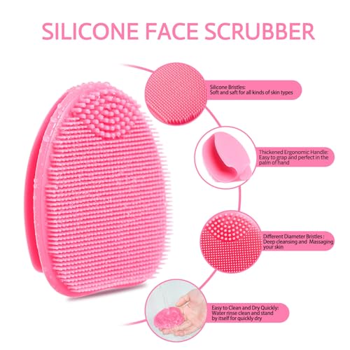 Silicone Face Scrubber with Body Scrubber for Shower Gentle Exfoliating,Soft Bristles Bath Washing Brush for Women Men-3pcs Deep Pore Cleansing Brushes Skin Care Tool for All Skin Types - color: Set2-purple+pink