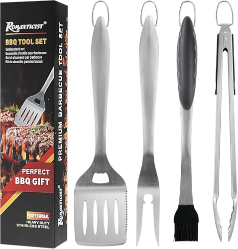 ROMANTICIST 4pcs Heavy Duty Grill Accessories for Top Chef - Professional Grill Tool Set & Basic BBQ Tools for Backyard Restaurant Outdoor Kitchen - Deluxe Grill Gift for Dad on Father’s Day Christmas - color: silvery