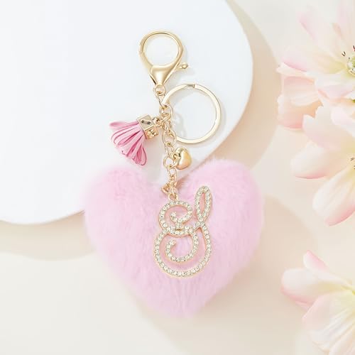 Initial Letter Heart Pom Pom Keychain for Women Pink Soft Fluffy Ball Key Ring for Purse Backpack Handbag - color: J