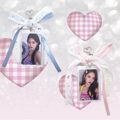 2 Pack K-pop Photocard Holder Keychain, Photo Card Holder with Ribbon Bow - color: Pink&blue