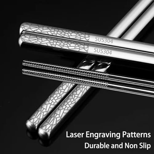 Stainless Steel Chopsticks Reusable, 5 Pairs, Silver Crack Pattern