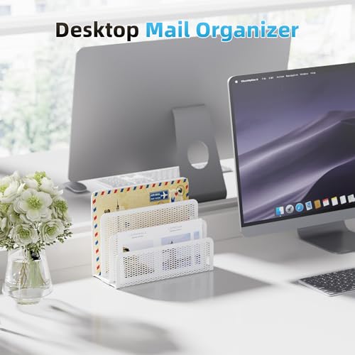 Marbrasse Mail Organizer for Desk, 3-Slot Mesh Metal Mail Holder countertop, Letter Holder, Office Desktop Envelope and Document Storage Rack (White) - color: White