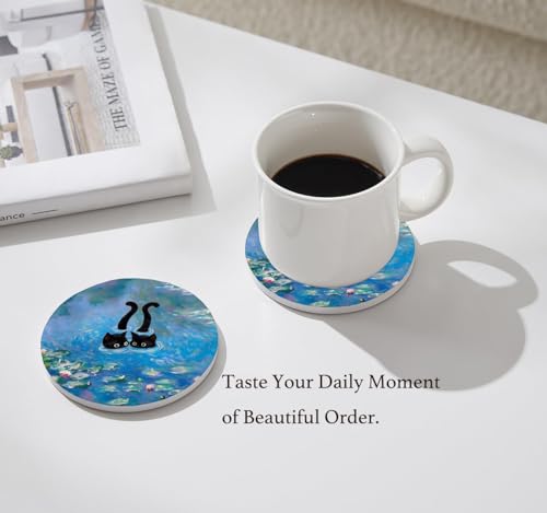 Nikyi 6 Pcs Cute Cat Ceramic Drink Coasters, Absorbent Round Coasters with Cork Backing & Metal Holder, Monet Art Water Lily Coasters Perfect for Coffee Table Office Home Decor & Cat Lovers - color: Cute Cat Monet Art