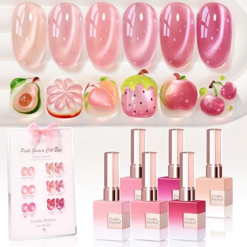 Double Rhythm Cat Eye Gel Nail Polish Set of 6 Same Color Same Bottle 0.5 Oz Shimmer Glitter with Magnet Holographic Reflective Magnetic UV Nail Polish Kit at Home (Glass Nude Pink Rose-T6-45) - color: Glass Nude Pink Rose