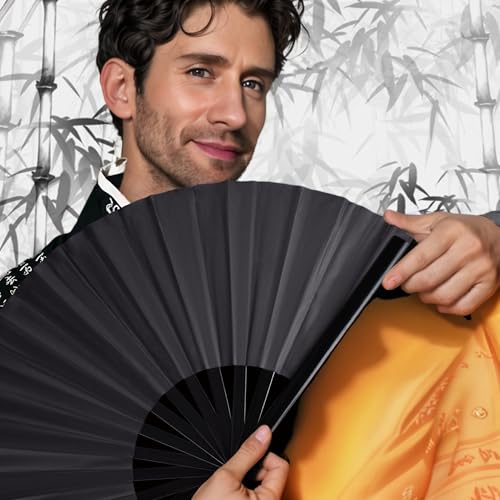 Folding Hand Fan with Bamboo for Women Men, Chinese Japanese Rave Fan Hand Fans for Festival, Dance, Gift, Performance, Decorations (Bamboo fan black 2p) - color: Bamboo fan black 2p