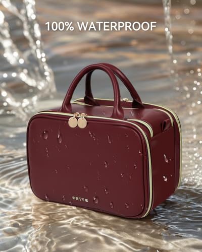 Prite Large Makeup Bag, Waterproof Travel Cosmetic Case with Brush Holder - color: Burgundy, size: Large
