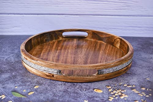 Round Acacia Wood Serving Tray with Handles for Serving Drinks, Tea Plate, Dessert Dinner Breakfast Plate (12 x 12 x 1.5 Inches) - color: Round Tray - 12 X 12 Inches