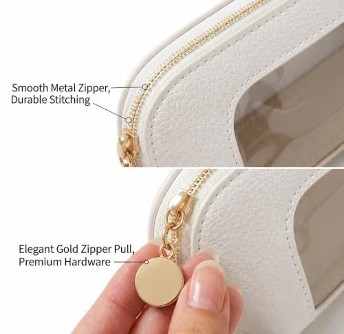 Makeup Brush Bag with Zipper, Portable Cosmetic Brush Organizer Case, Travel Brush Bag with Transparent Window, PU Leather Makeup Brush Storage Pouch for Purse, Bathroom, Vanity, White Pebbled - color: White Pebbled