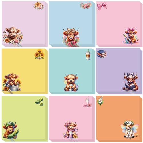 9 Pcs Highland Cow Sticky Notes 3"X3", Cute Flower Cow Self-Adhesive Notes for Women Man, Funny Sticky NotePads for Teacher Students Office Worker Supplies - color: Highland Cow