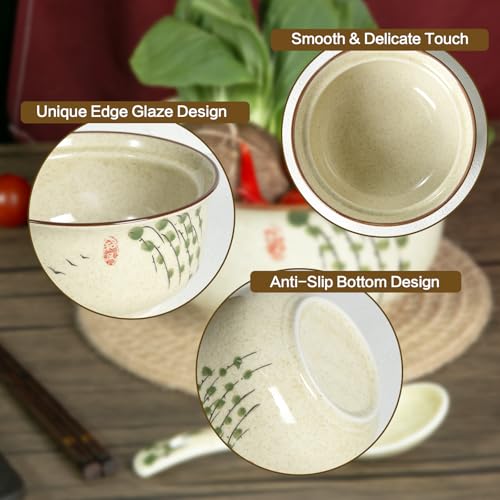 Ceramic Ramen Bowl Set of 2, Ramen Noodle Bowl with Lid 27oz Japanese Retro Style Soup, Pho, Udon Bowls, Matching Spoons and Chopsticks for Microwave & Dishwasher Safe, Twig - color: Twig, size: 2 Pcs