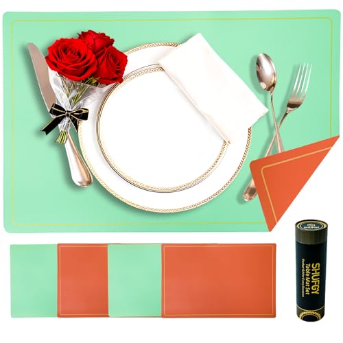 Faux Leather Placemats Set of 4, 11.8"x17.7", Green & Orange - color: Green & Orange, size: Set of 4
