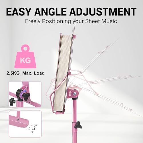 MOSEN Sheet Music Stand, Heavy Duty Adjustable Tripod, Quick Fold Pink - color: Pink
