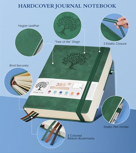 PERCUN A4 Lined Journal Notebook，365 Page Large Leather Journals for Writing Women Men，Hardcover Notebook with 100Gsm Thick Pages for Travel，Work，School，College Ruled, Daily Diary (8.5" x 11.4") - color: Green, size: A4