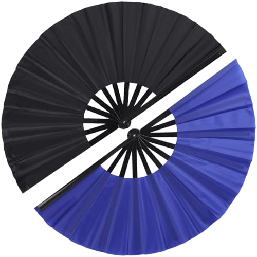 2 Pack Large Folding Hand Fan for Line Dance, Vintage Retro Fabric Fans, Chinese Kung Fu Tai Chi Hand Fan for Festival, Dance, Gift, Performance, Decorations (Black&Blue) - color: Black&Blue