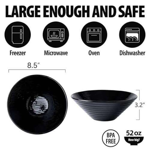 BICETTO Premium Porcelain Ramen Bowl Set 52oz, 8.5inch - Durable & Stylish - Perfect for Ramen, Pho, Soup, Salad, and Noodles - Microwave & Dishwasher Safe - Elegant, Lightweight, Ebony Grace