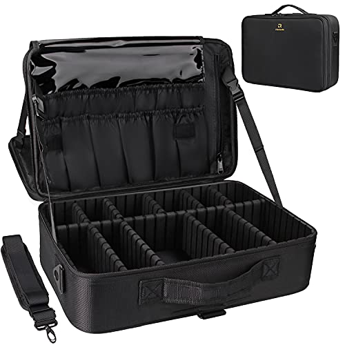 Relavel Makeup Case Large Makeup Bag Professional Train Case 16.5 inches Travel Cosmetic Organizer Brush Holder Waterproof Makeup Artist Storage Box, 3 Layer Large Capacity, with Adjustable Strap - color: Black, size: Large
