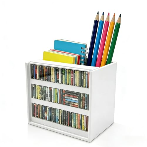 White Anxiety Bookshelf with 100 Mini Books, Shaking Miniature Library for Stress Relief, Bookmark Holder & Pencil Organizer, Tiny Book Shelf Ornament, Gifts for Book Lovers Decor - color: White
