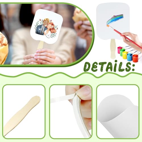 156 PCS DIY Blank Hand Fans Kit, 100 Cardstock Paper Fans with 50 Wavy Wooden Handles & 6 Rolls of Double-Sided Tape for Church, Wedding, Party, Custom Decoration & Craft Projects