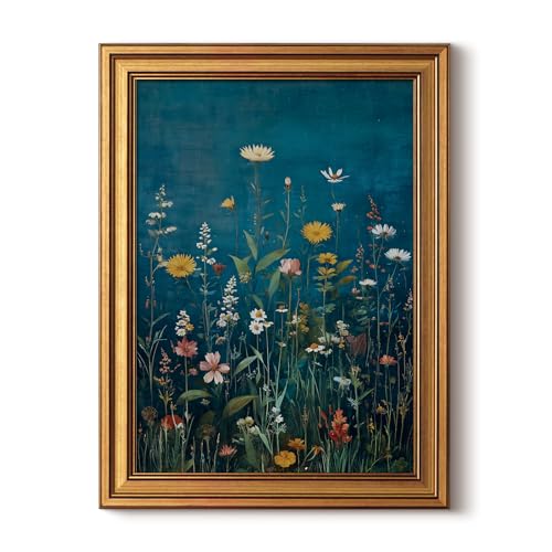 HUARCEY Gold Framed Canvas Wall Art Wildflowers Vintage Decor, 12x16 Inch - color: Blue Wildflowers, size: 16"L x 12"W