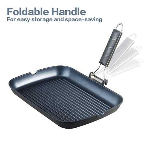 S·KITCHN Grill Pan with Folding Handle, Nonstick Grilling Pan for Stove Tops, Induction Compatible Rectangle KBBQ Pan with Pour Spouts - 13 × 9IN - size: 13 × 9 IN
