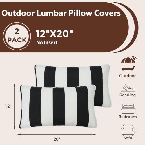 Outdoor Lumbar Pillow Covers 12X20 Inch, No Insert-Black White Stripe - color: Black White Stripe, size: 20"L x 12"W