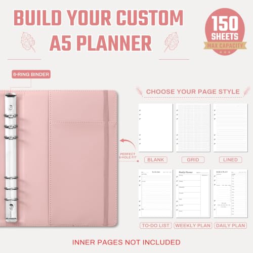 Ovesmusl Aesthetic A5 Binder 6 Ring, PU Leather Refillable Planner Cover - color: Pink-flowers, size: A5