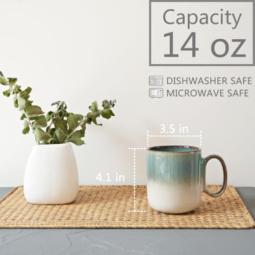 Bosmarlin Ceramic Coffee Mug Set of 4, 14 Oz, Coffee Cups with Big Handle, Microwave Safe, Unique Reactive Glaze (Green) - color: Green