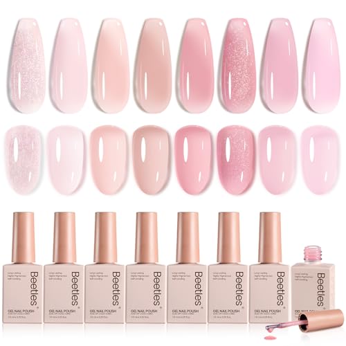 Beetles Nude Pink Gel Nail Polish Set, 8 Colors Jelly Gel Polish Kit - color: A - Sheer | Nude | Soft Whisper