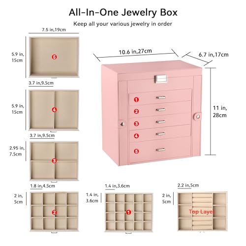 Frebeauty 6-Layer Jewelry Box for Women,Large Jewelry Organizer with Drawer - color: Pink, size: Large