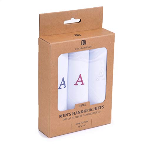 Initial Handkerchief for Men, Monogrammed Boxed 3 Piece Set,100% Cotton - color: A Initial