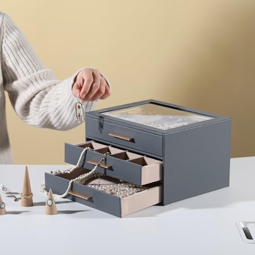 Frebeauty Jewelry Box for Women,Clear Lid Jewelry Organizer with 3 Drawers - color: Grey, size: 3 Drawer