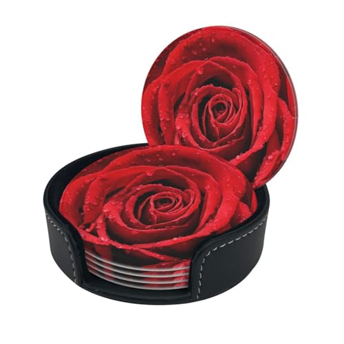 6 Pcs Leather Coasters for Drinks with Holder Blooming Red Roses Coaster Sets Drink Table Cup Coasters for Kitchen Coffee Decor - color: Red Roses