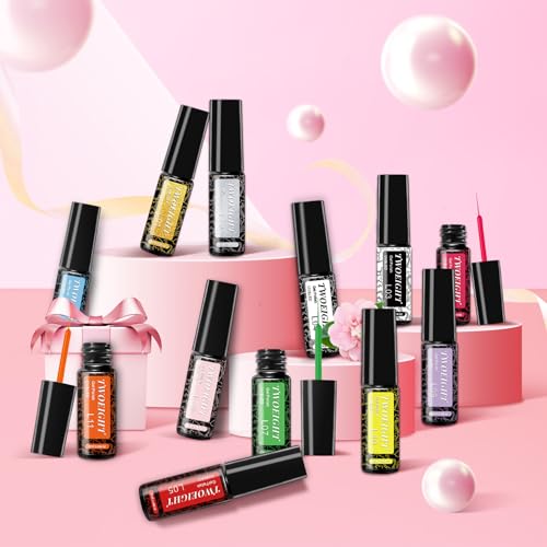 TWOEIGHT Gel Nail Polish Liner Nail Art 12 Colors 8ml UV Lamp Soak-off Polishes Pigmented White Red Pink Green Gold Glitter Built Thin Brush in Bottle Manicure DIY at Home Salon Quality Gift for Women - color: Multicolor