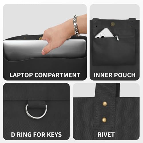 HOMESPON Large Canvas Tote Bag, Magnetic Work Laptop Pack for Women - color: Black