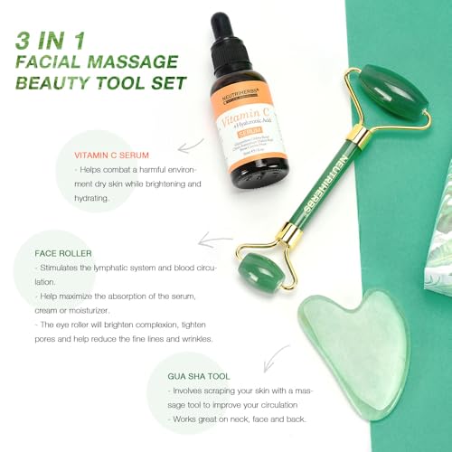 NEUTRIHERBS Jade Gua Sha & Face Roller & Vitamin C Serum Facial Tool Set(3 in 1 Kit), Home Face Massager for Wrinkle,Fine Line,Puffiness,Firm Smooth Relax Skin -- Green - color: Green