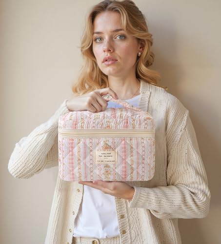 HBselect Quilted Makeup Bag, 3Pcs Cotton Large Travel Makeup Bags Organizer - color: A-3PCS-Floral 25