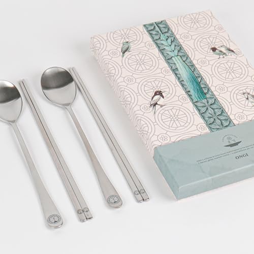 ONGI Korean Spoon and Chopstick 2 Set – Premium 18/10 Stainless Steel – Korean Heritage Design – Gift-Ready – Made in Korea – Dishwasher Safe (Hee Classic Silver 2 Set) - color: Silver 2 Set