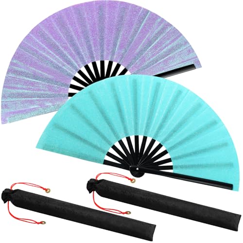 Maitys 2 Packs Large Folding Hand Fans, 13'', Glitter Purple Blue - color: Glitter Purple Blue