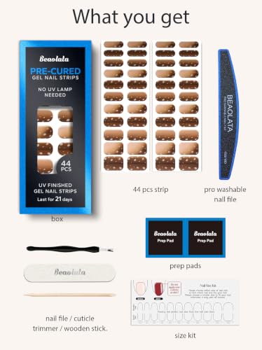 Real Gel Nail Strips (No UV Light Needed) - 44Pcs Salon Quality Nail Stickers - Long Lasting Polish Wraps for Women, Easy Apply & Remove (Mushroom Brown Splatter) - color: Mushroom Brown Splatter