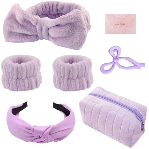 Skincare Face Wash Spa Headband and Wristband Set Top Knotted Headbands Big Hair Claw Clips Butterfly Hair Accessories Quilted Makeup Bag Blank Cards Gifts for Women and Teen Girl Gifts Trendy Stuff - color: Purple 7pcs-set