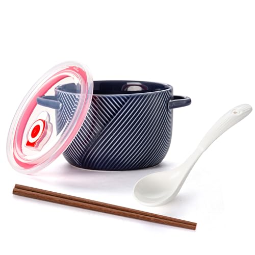 Ceramic Ramen Bowl with Lid, 32oz Microwave Safe, Navy Blue - color: Navy