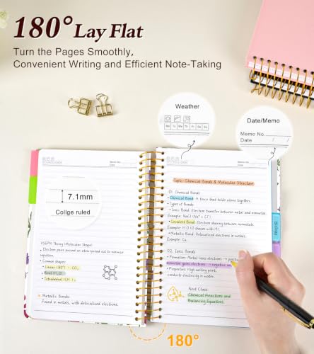 5 Subject Notebook College Ruled 240 Pages, A5(5.8"x8.3") Hardcover Spiral Notebook with Removable Dividers Tabs, Lined Spiral Journal Notebook for Women, Notebooks for Work School，whitespringflower - color: -Whitespringflower, size: A5