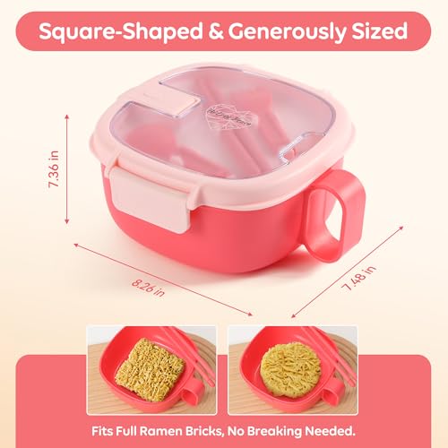 Microwave Ramen Bowl with Lid,Built-In Utensils,Leakproof, BPA-Free,Pink. - color: Bright Pink, size: 50 oz (Single Bowl)