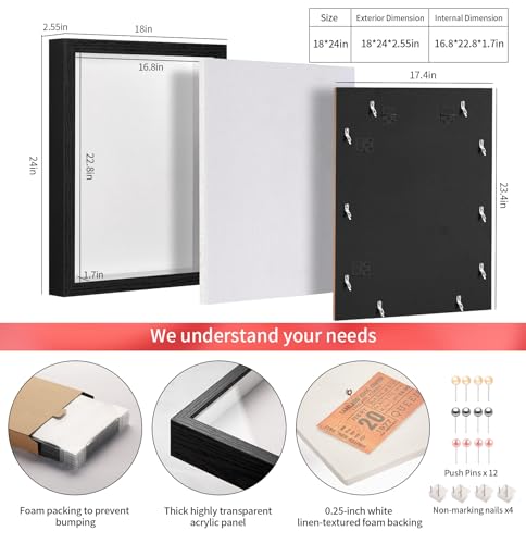 18x24 Large Shadow Box Frame with Thickened Acrylic Panel & Pins - color: Black + Thickened Panel + Foam Packaging, size: 18x24