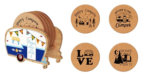 Cool Happy Camper RV Coasters Set of 4 with Holder - color: New Blue