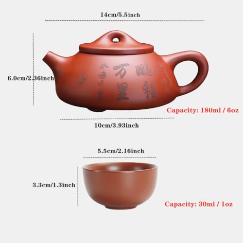 Zisha Teapot Teacup Set, 6 oz Yixing Purple Clay Tea Pot and 4 Cups