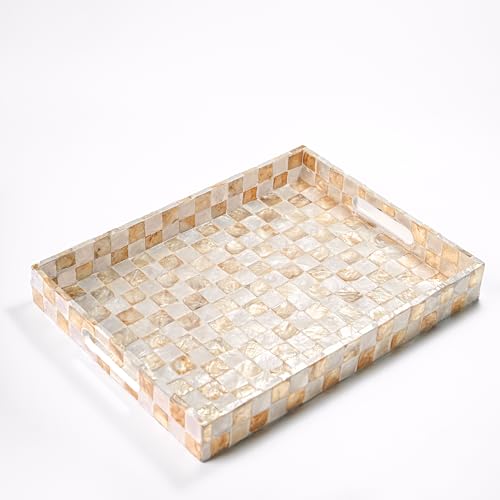 CHI AN HOME 16"x12" Capiz Shell Decorative Serving Tray with Handles, Ivory - color: Ivory